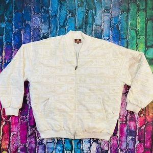 Vintage Burgundy Jacket Mens XL White Tan Full Zip Dollar Bill size XXXL